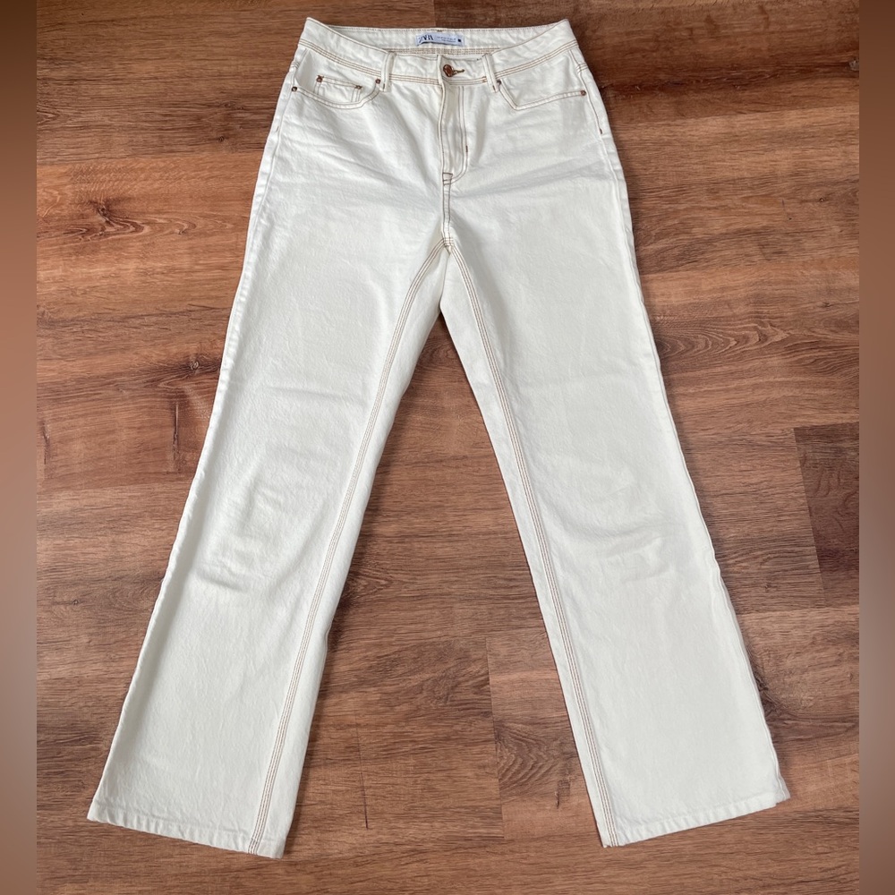 Zara womens straight leg jeans size 27 gold contrast stitch contemporary